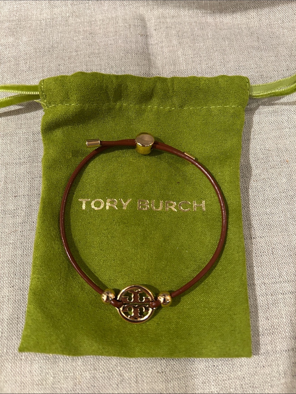 Tory Burch Brown Leather Logo Slider Bracelet with Gold-Tone Hardware